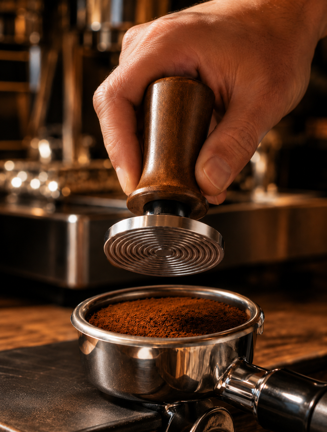 Hand pressing ElyseraRitual wood handle tamper thread base into espresso portafilter basket