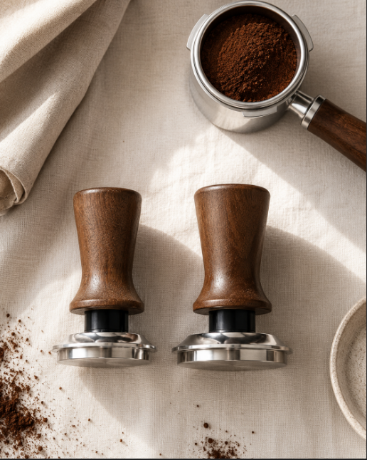 ElyseraRitual espresso tamper size comparison 51mm and 58mm thread base wood handle flat lay