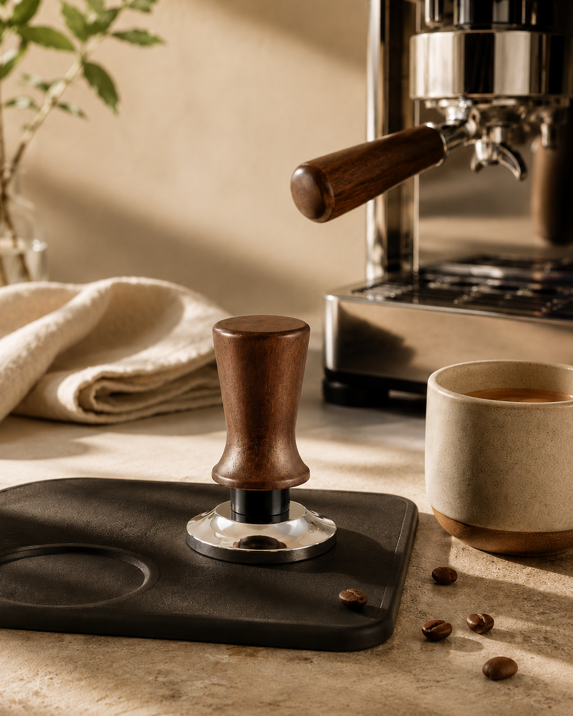ElyseraRitual constant force tamper 58mm flat base next to home espresso machine barista setup
