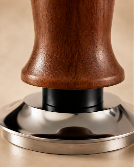 Beech wood handle and 304 stainless steel flat base detail — ElyseraRitual espresso tamper 58mm