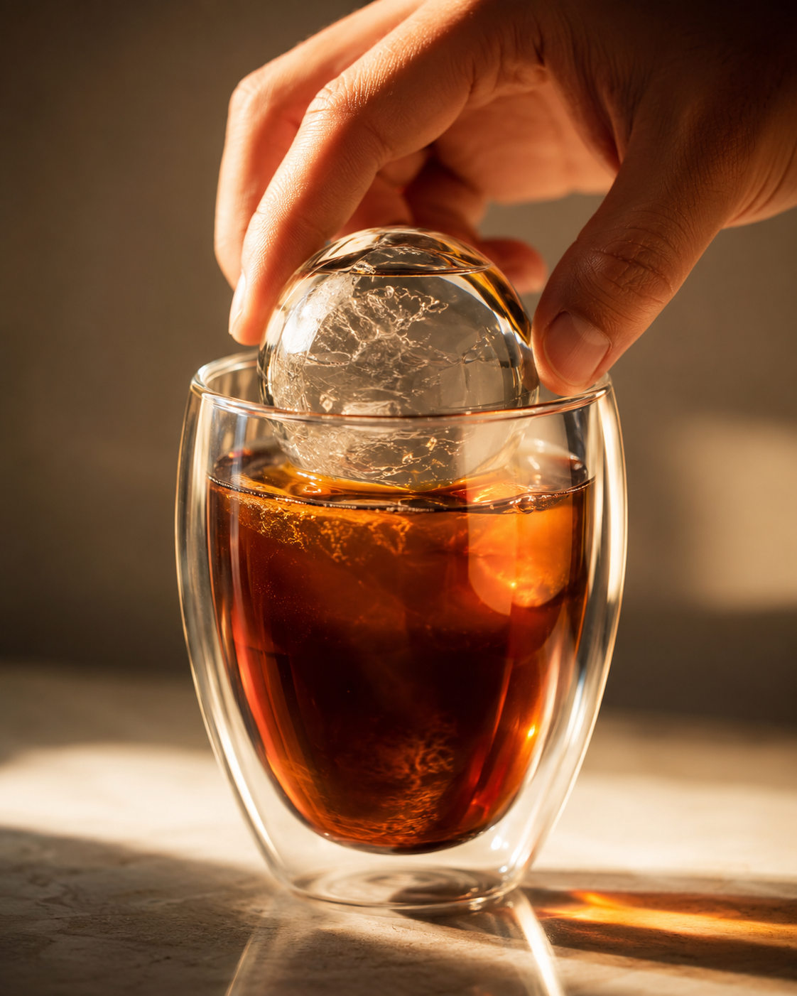 Crystal clear ice sphere placed in ElyseraRitual 350ml double wall glass with cold brew coffee