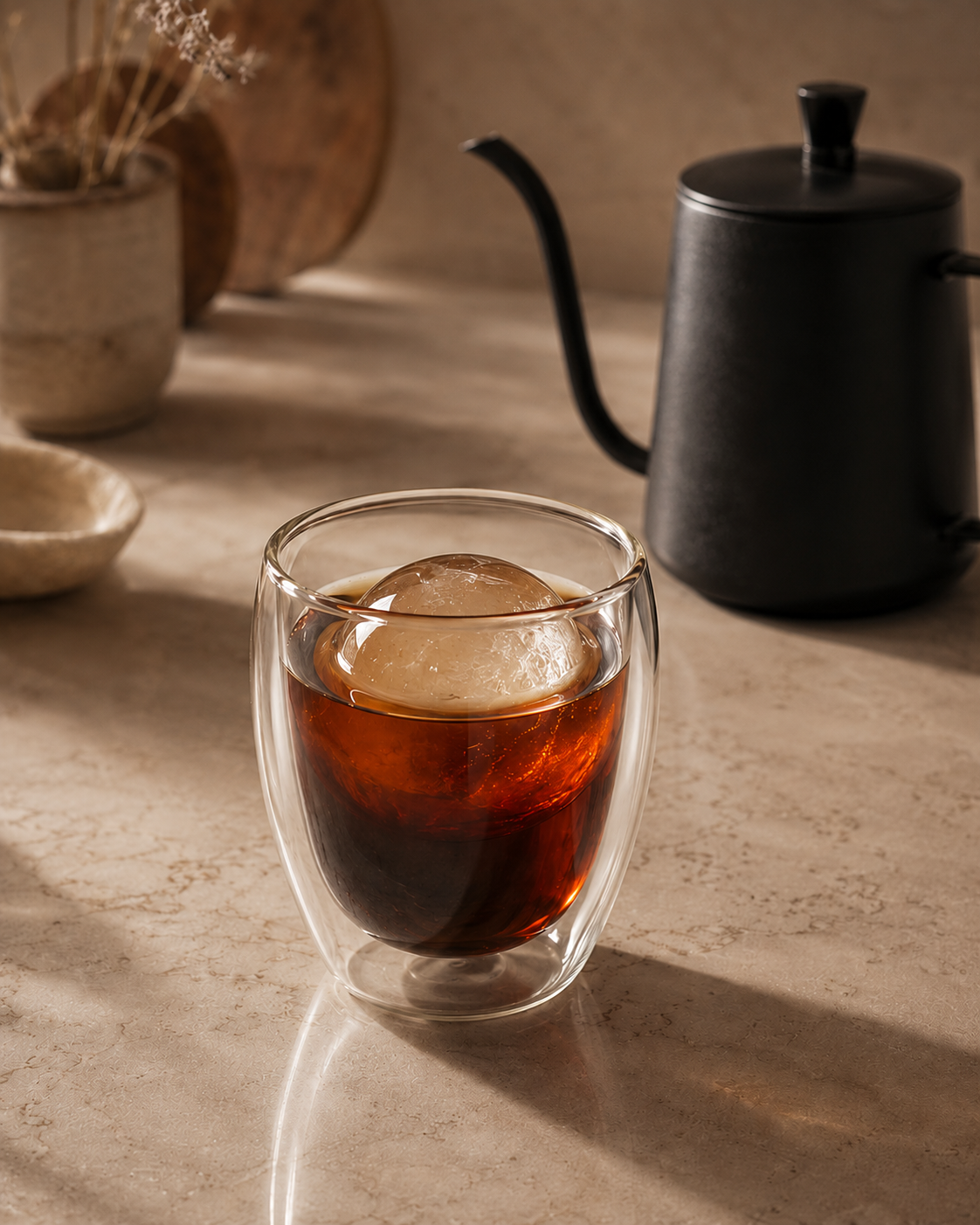 ElyseraRitual 350ml glass with large ice sphere and cold brew coffee on marble kitchen counter