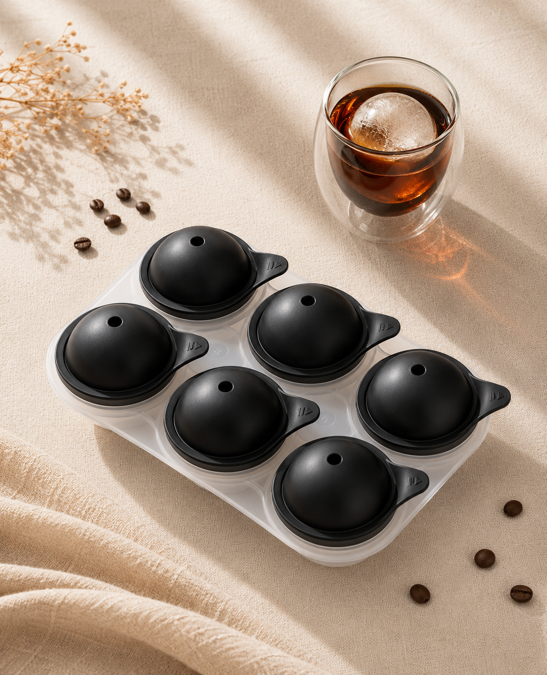 ElyseraRitual ice sphere mold flat lay with double wall glass cold brew coffee bundle