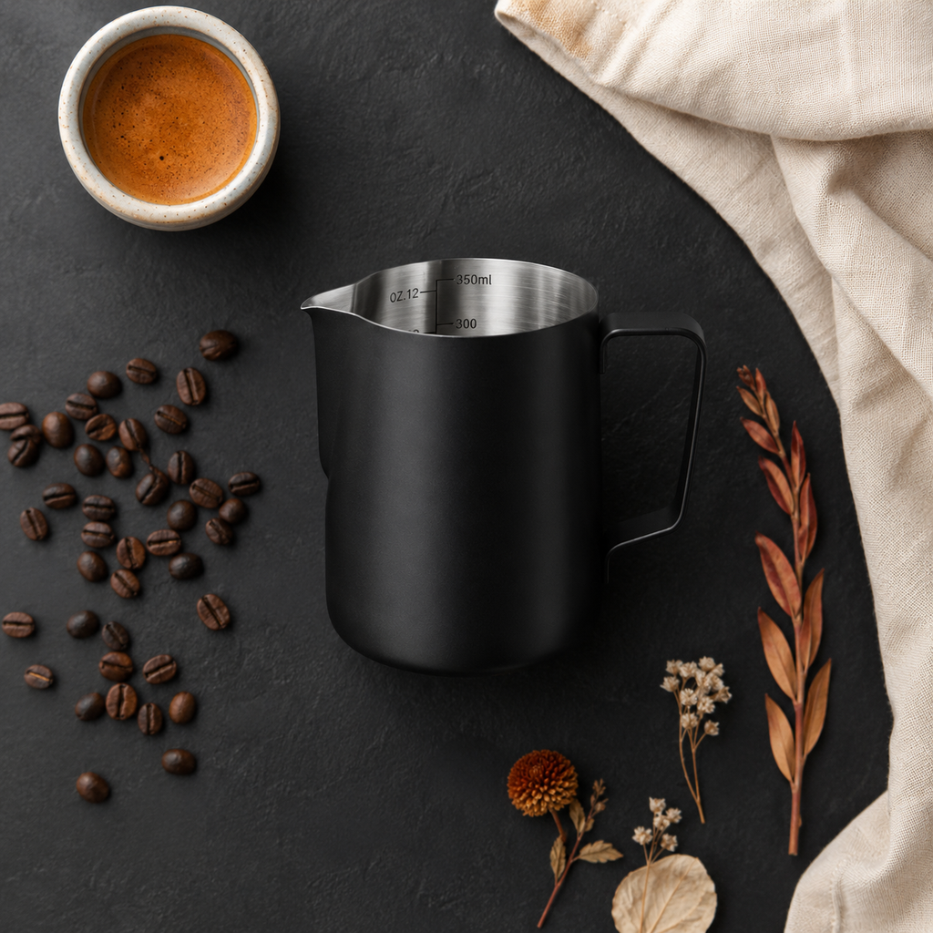 ElyseraRitual black milk pitcher 350ml flat lay with espresso cup and coffee accessories on ivory linen