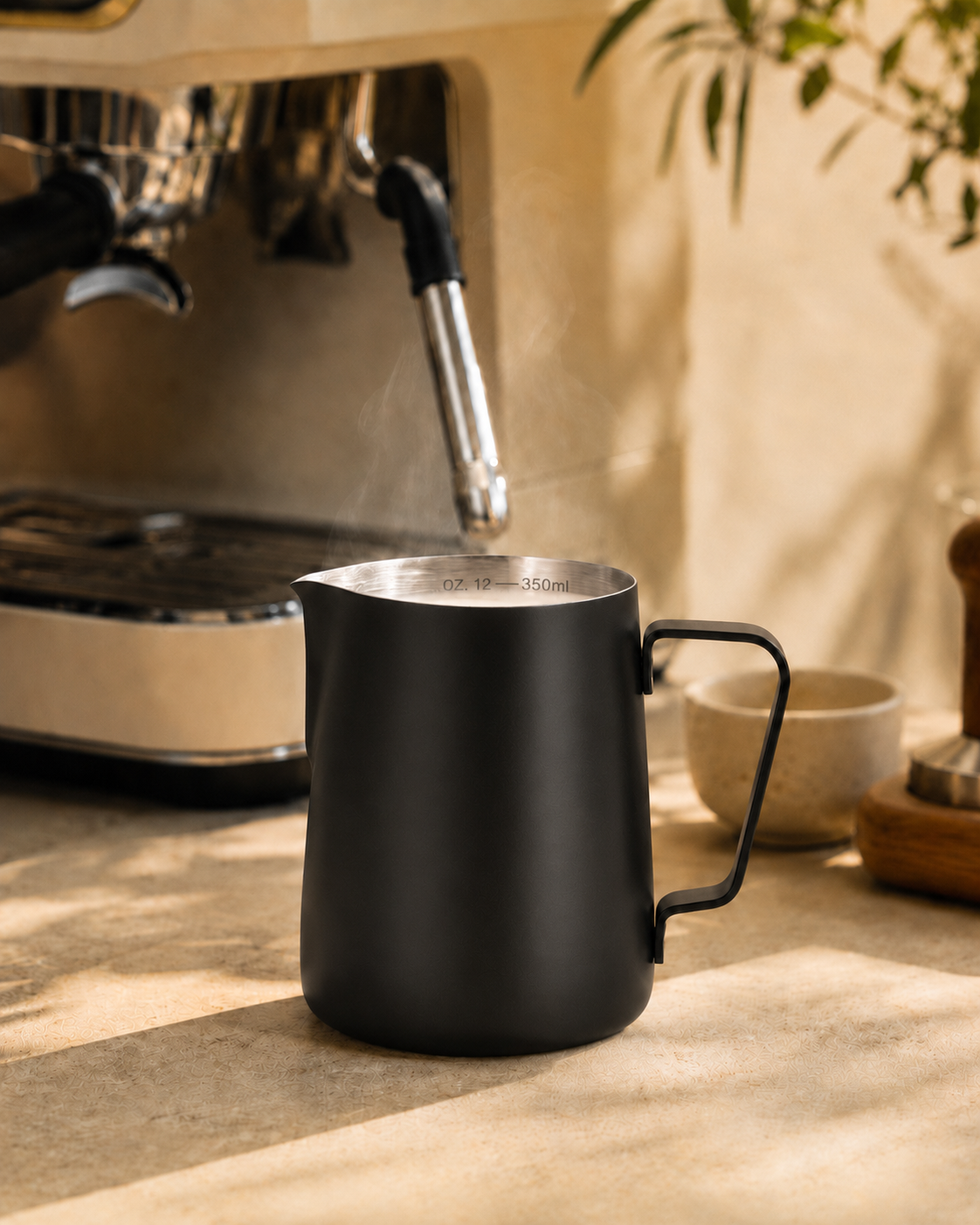 Matte black stainless steel milk pitcher next to home espresso machine — ElyseraRitual barista accessories