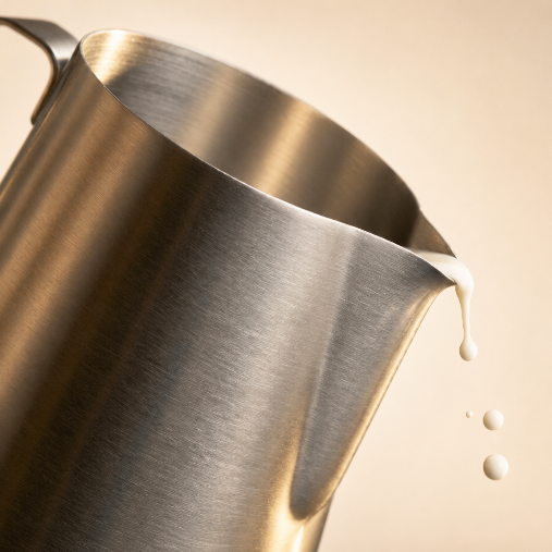 Ultra-thin precision pour spout detail on ElyseraRitual brushed silver milk pitcher 350ml — controlled milk stream for latte art