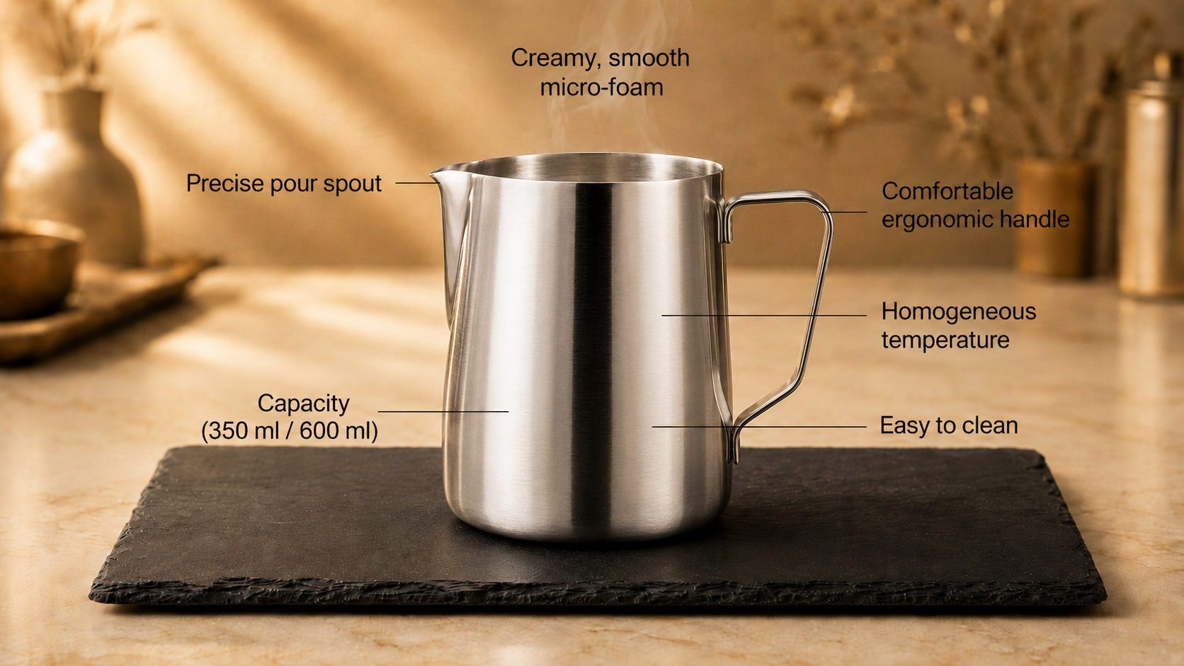 ElyseraRitual Precision Spout Latte Art Pitcher features — precise pour spout, ergonomic handle, homogeneous temperature, 350ml and 600ml