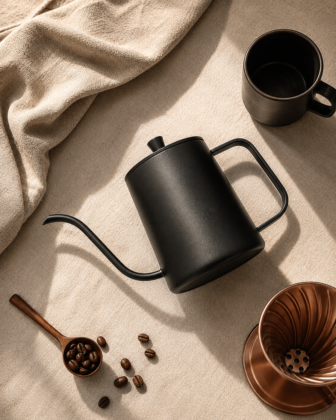 Premium coffee accessories flat lay — ElyseraRitual collection