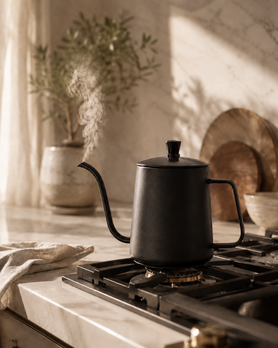 Stainless steel gooseneck kettle on gas stove kitchen lifestyle