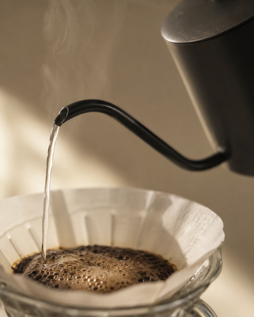 Gooseneck kettle precision pour over V60 coffee detail — ElyseraRitual